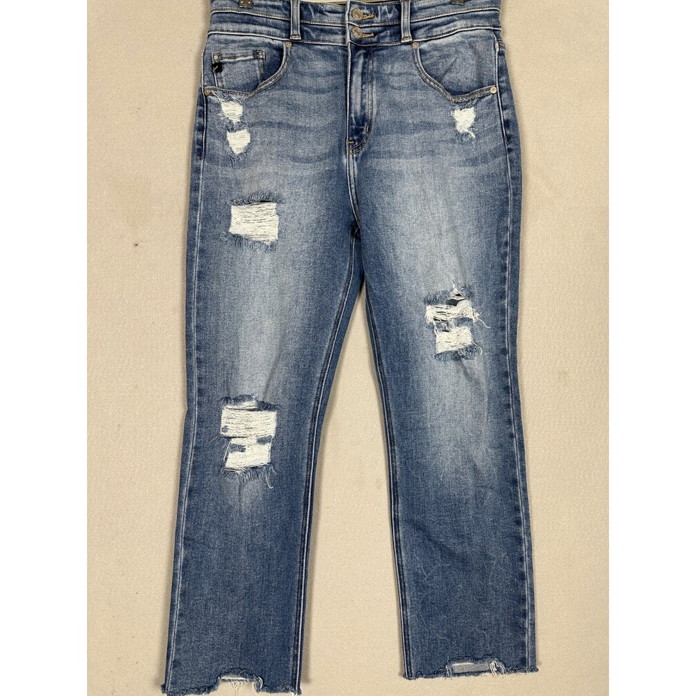 Kancan Jeans Womens 9-28 Straight Blue Distressed Frayed Hem Stretch Denim EUC